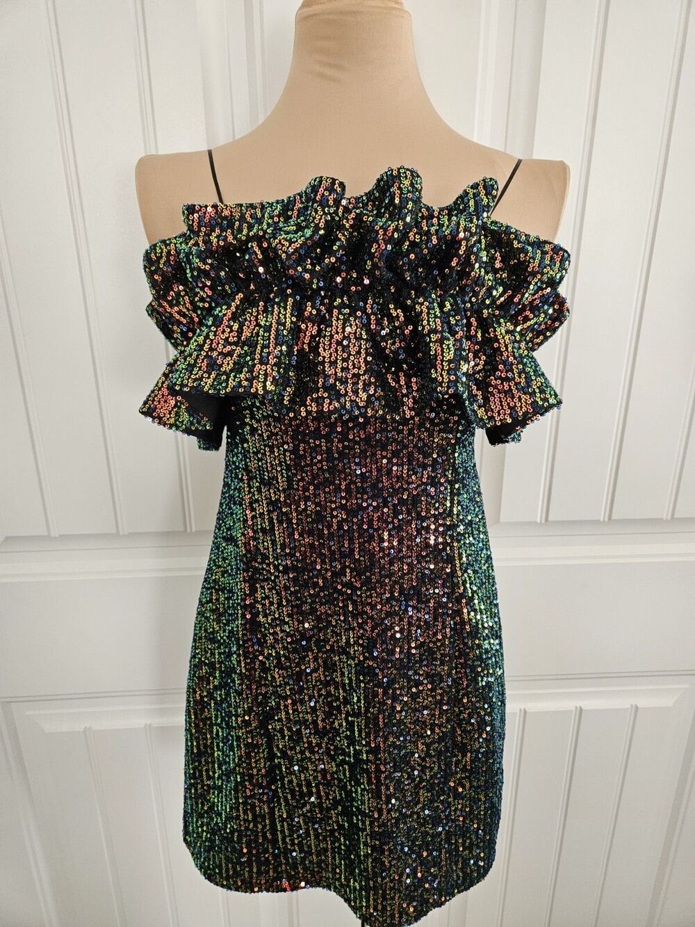 thirty thirty Sequin & Ruffle Mini Dress Iridescent Prom Club Concert Party L M